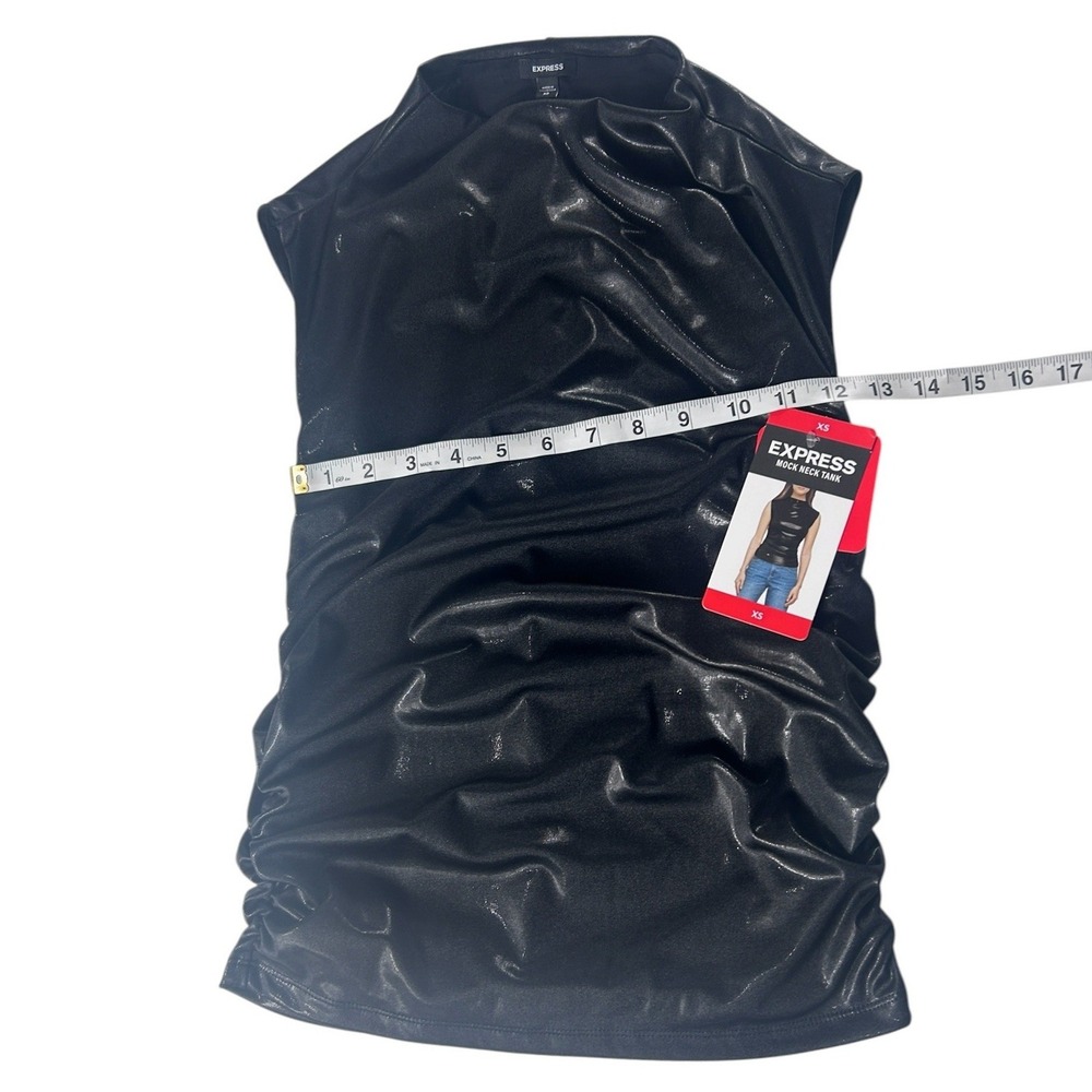 Express Mock Neck Tank Top Womens XS Black Metallic Ruched Faux Leather NEW - Picture 5 of 12